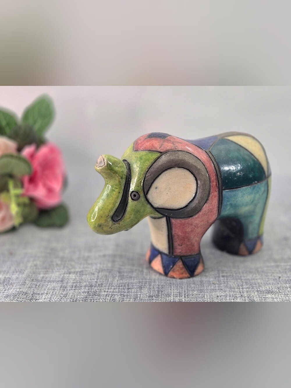 Vintage South Africa Colorful Elephant Fenix Raku Pottery‎ Statue Figurine